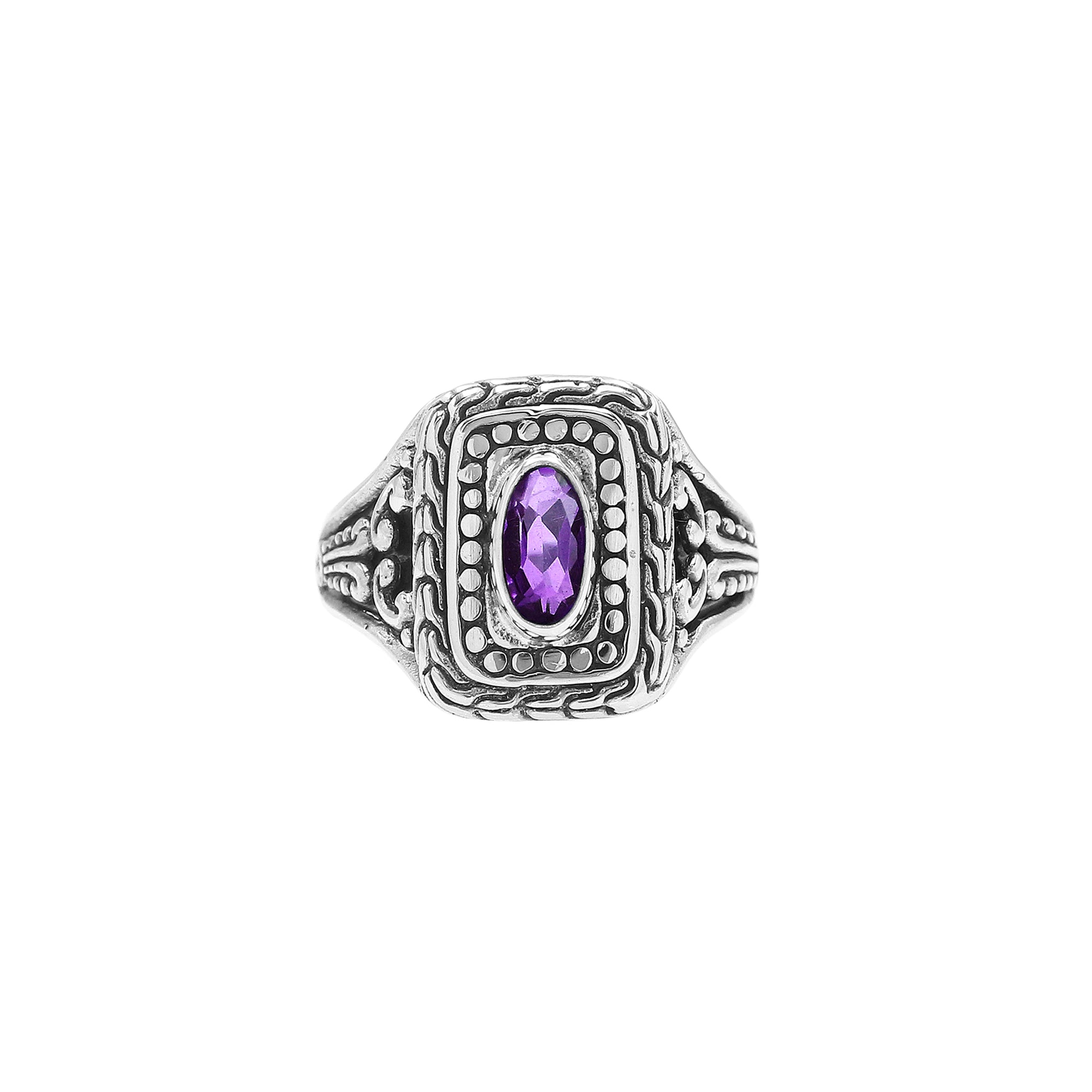 Sterling Silver Rectangular Ring With Amethyst Quartz In Balinese Designer Pattern