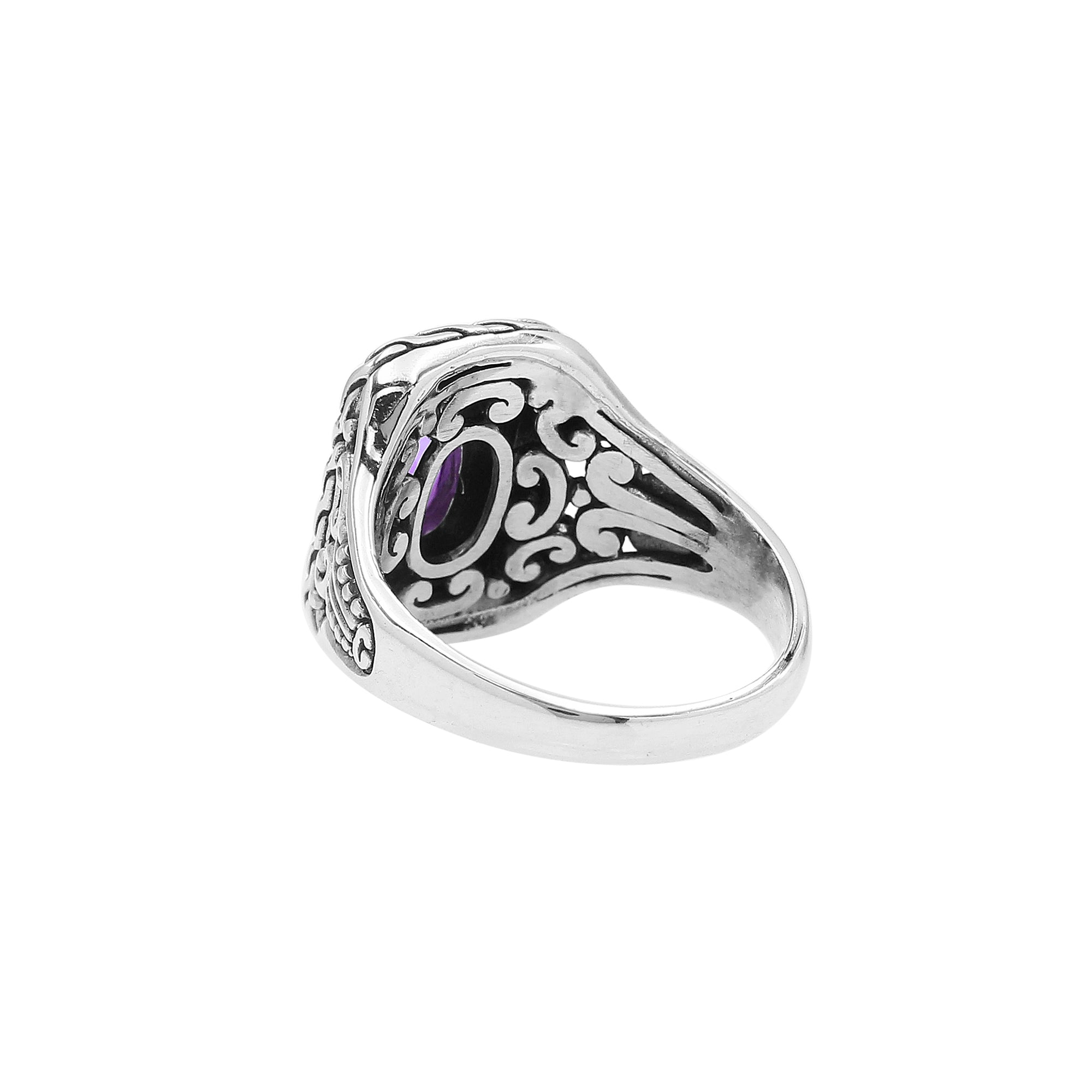 Sterling Silver Rectangular Ring With Amethyst Quartz In Balinese Designer Pattern