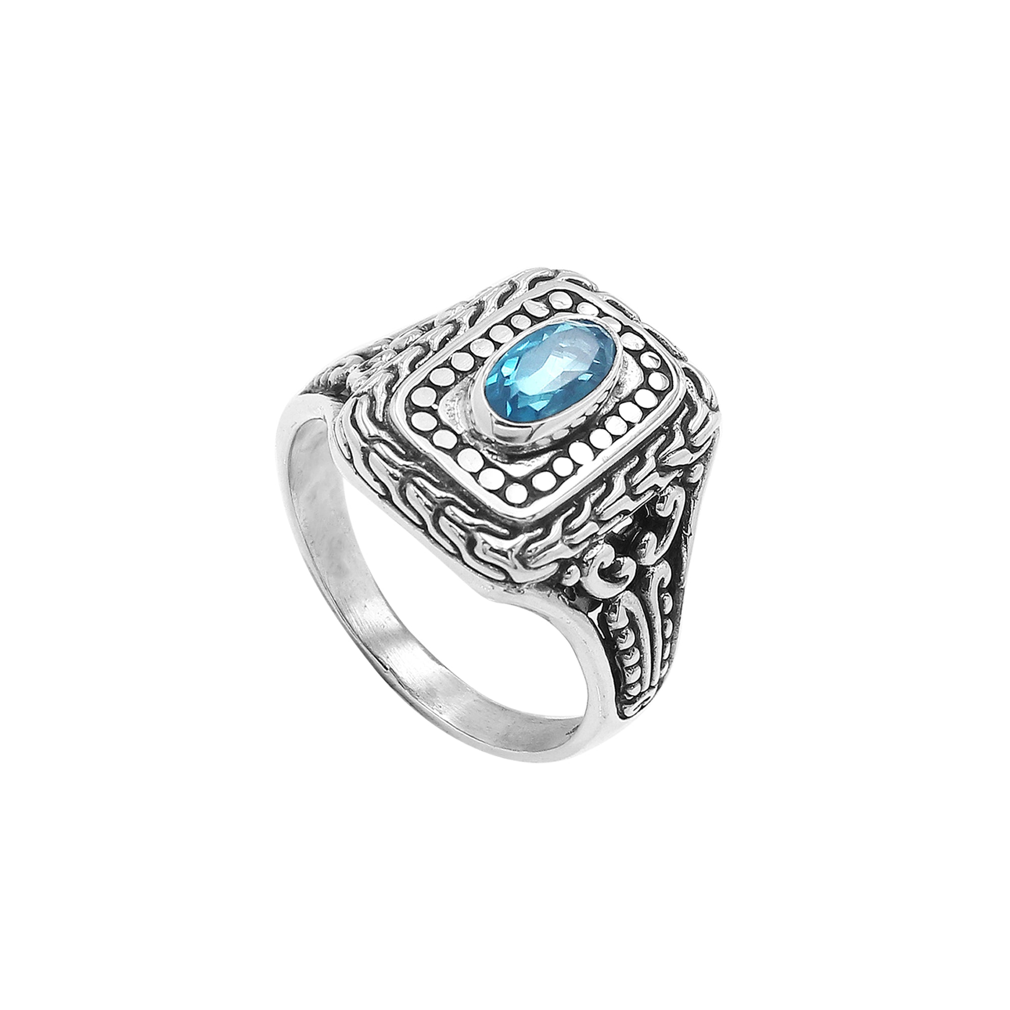 Sterling Silver Rectangular Ring With Blue Topaz Quartz In Balinese Designer Pattern