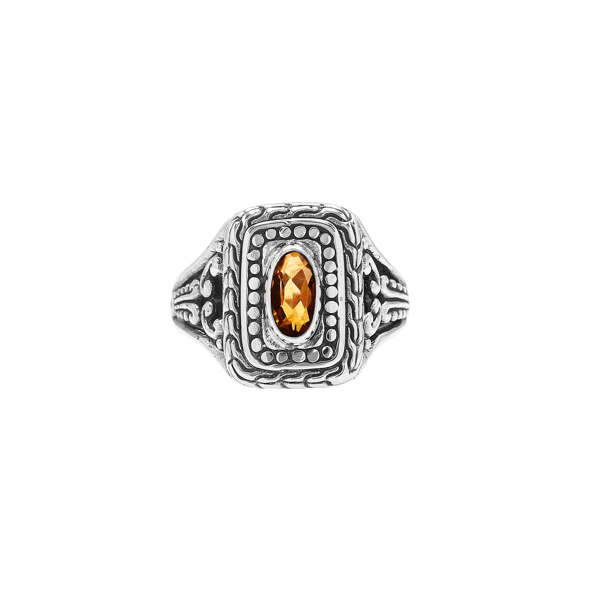 Sterling Silver Rectangular Ring With Citrine Quartz In Balinese Designer Pattern