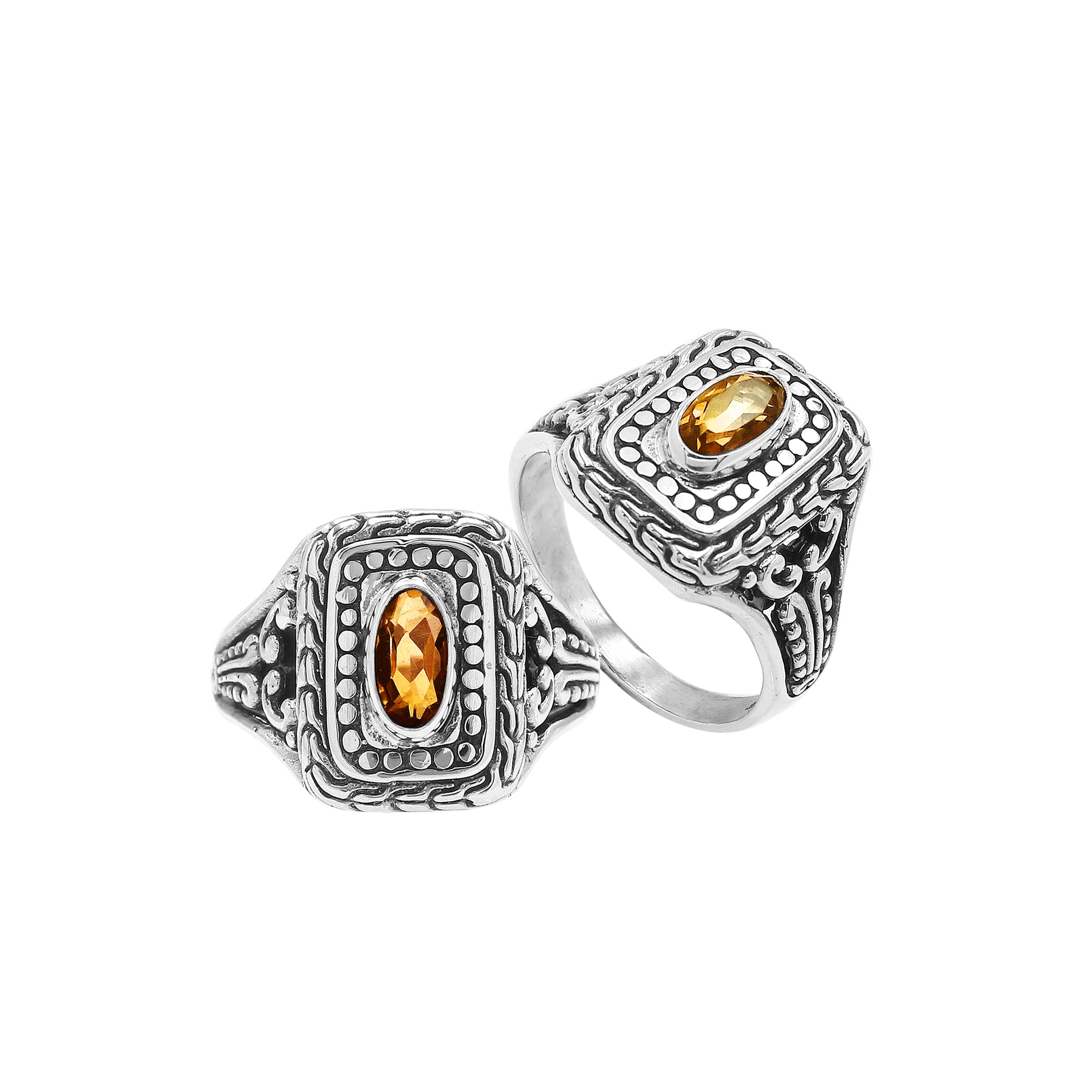 Sterling Silver Rectangular Ring With Citrine Quartz In Balinese Designer Pattern