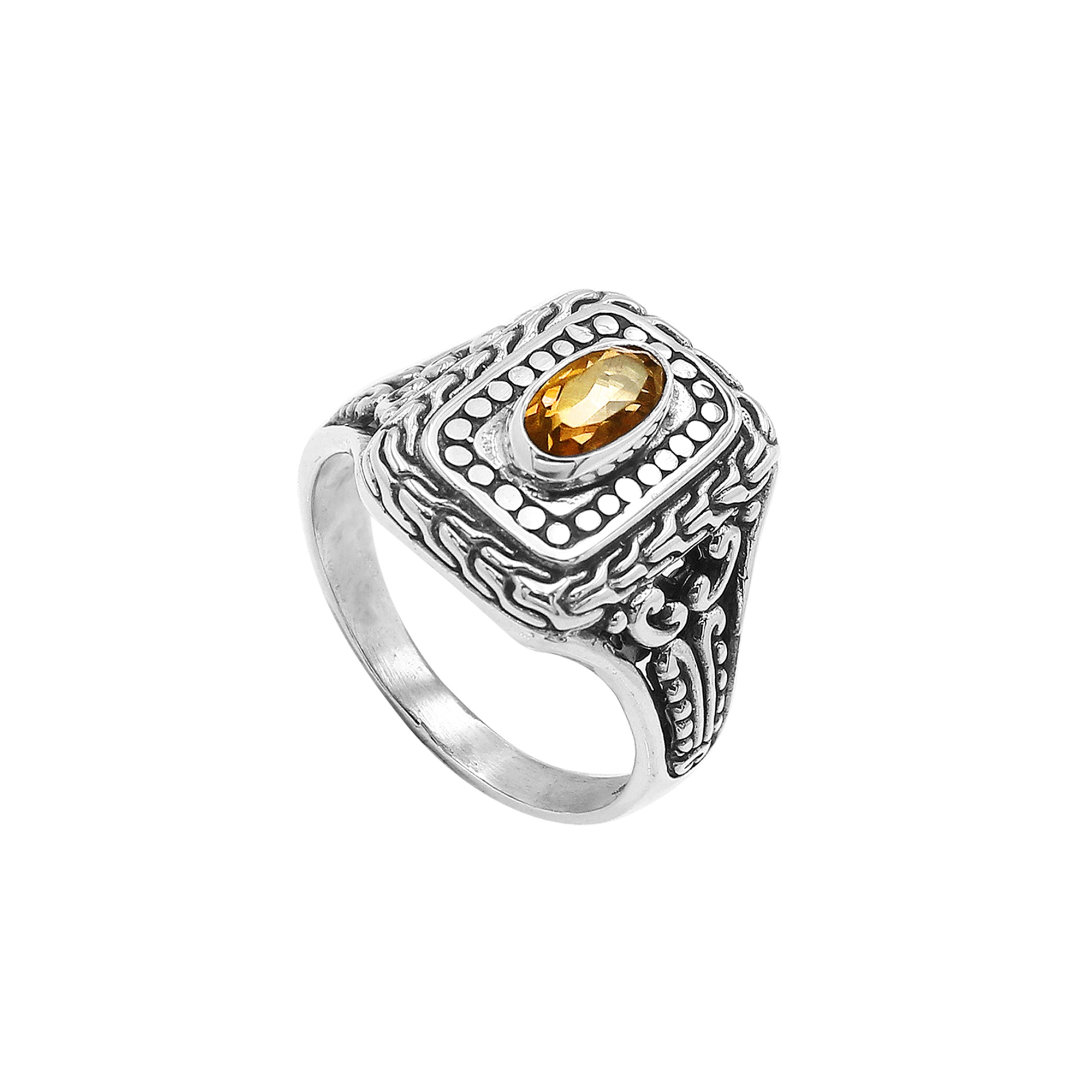 Sterling Silver Rectangular Ring With Citrine Quartz In Balinese Designer Pattern