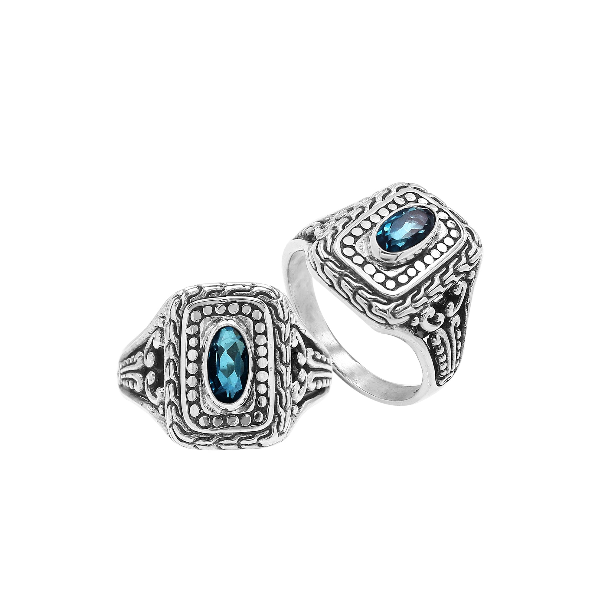 Sterling Silver Rectangular Ring With London Blue Topaz Quartz In Balinese Designer Pattern