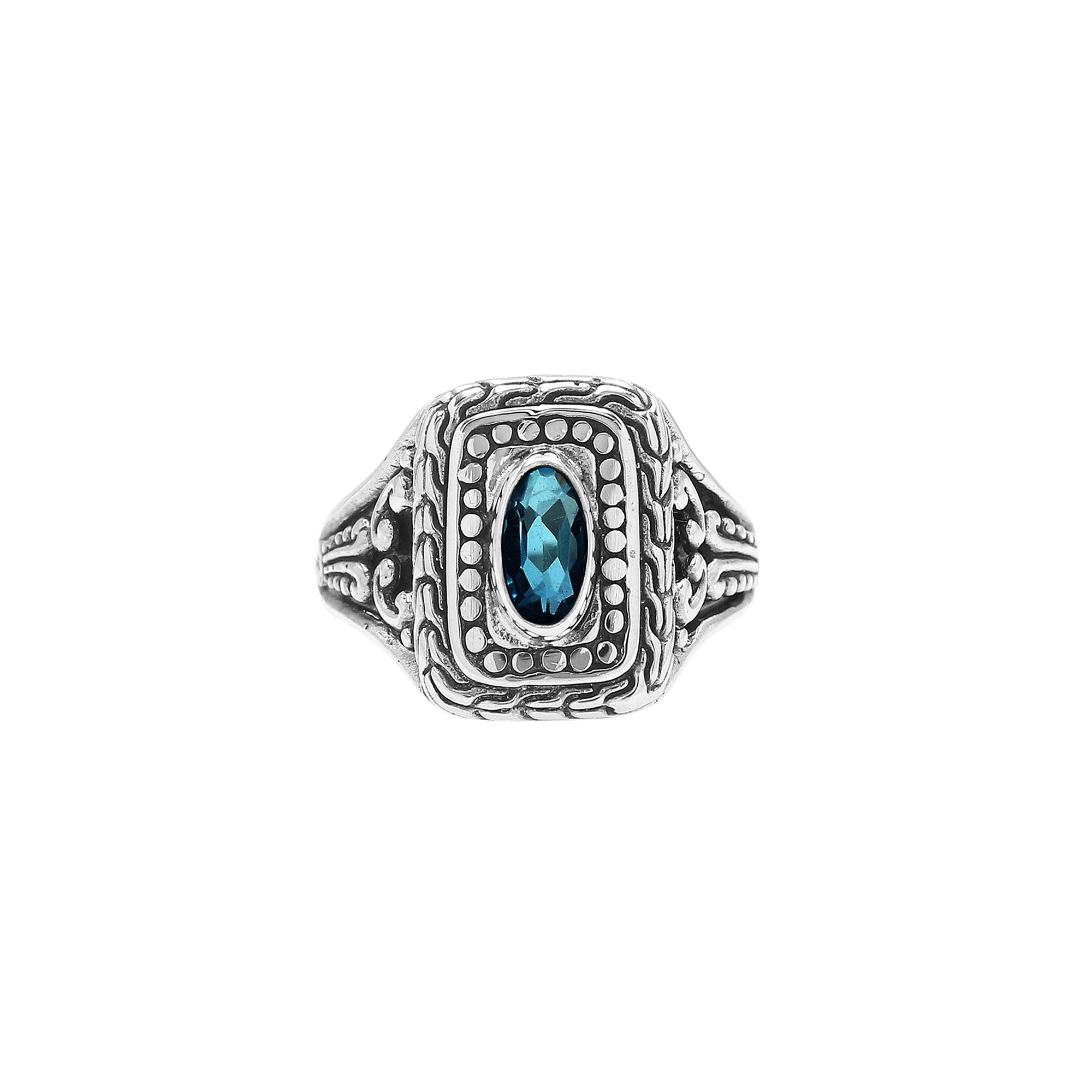 Sterling Silver Rectangular Ring With London Blue Topaz Quartz In Balinese Designer Pattern