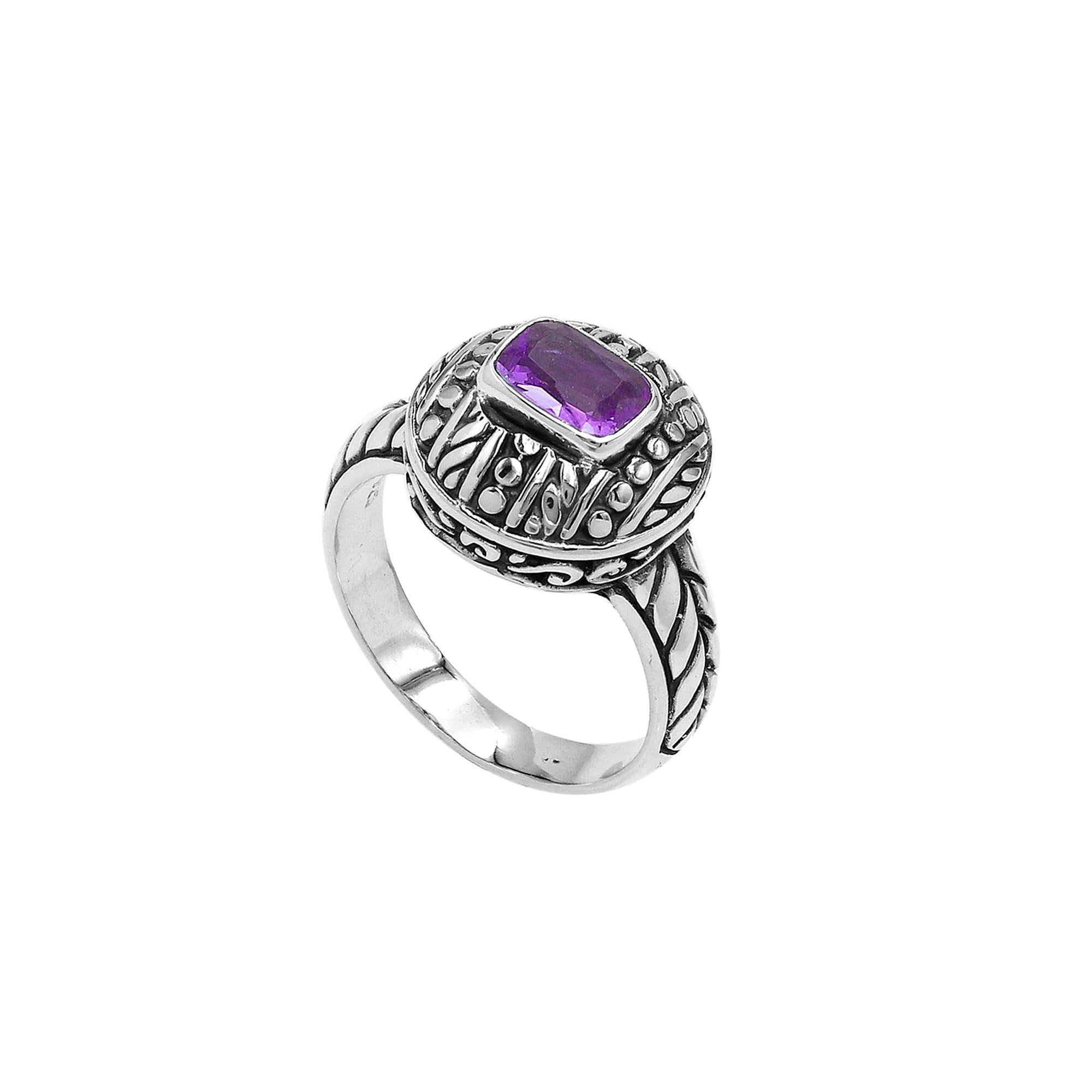 Sterling Silver Round Designer Ring With Amethyst Quartz In Balinese Beaded Pattern