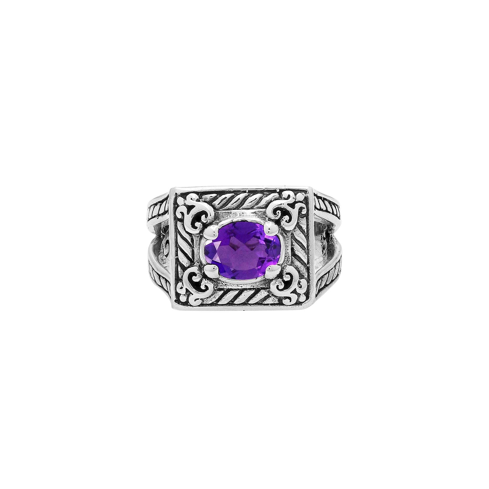 Sterling Silver Balinese Rectangular Ring With Amethyst Quartz For Wholesale