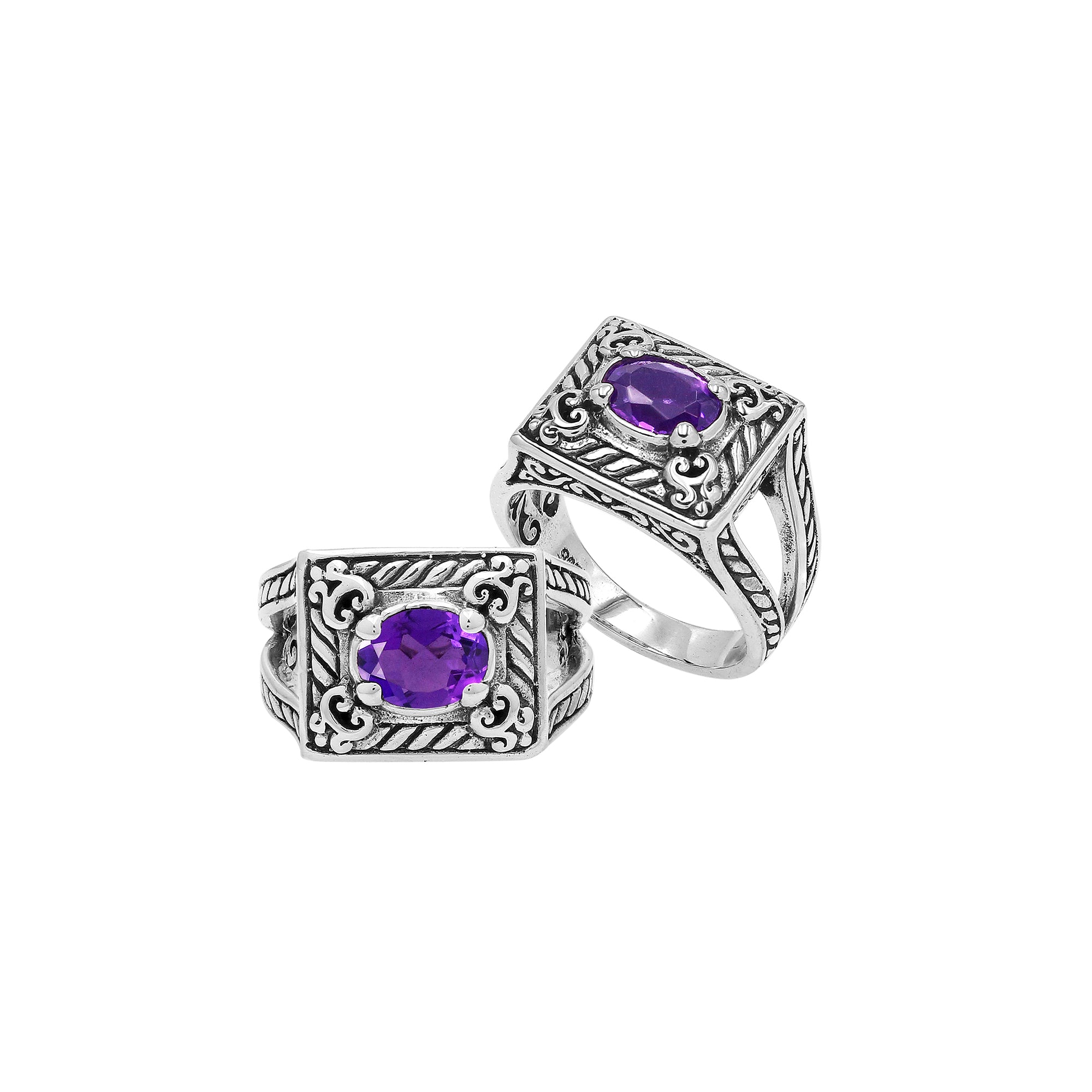 Sterling Silver Balinese Rectangular Ring With Amethyst Quartz For Wholesale