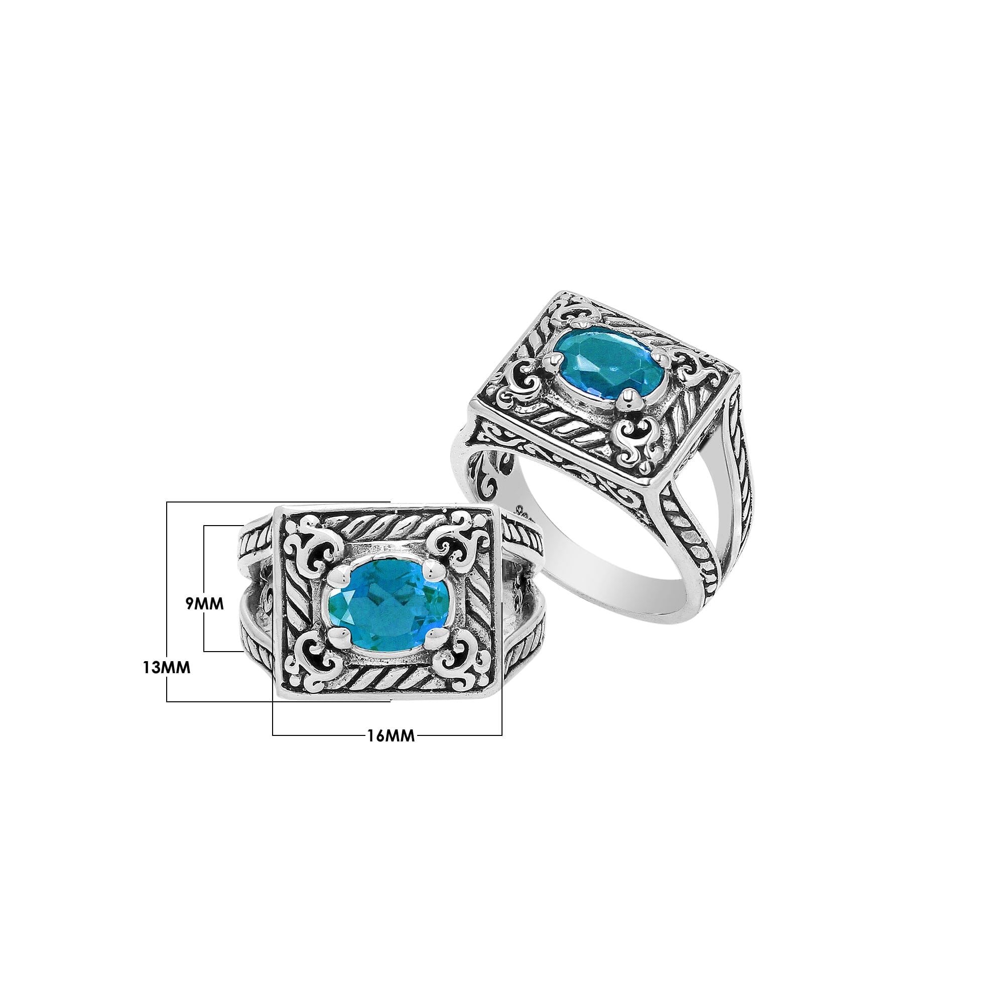 Sterling Silver Balinese Rectangular Ring With Blue Topaz Quartz For Wholesale