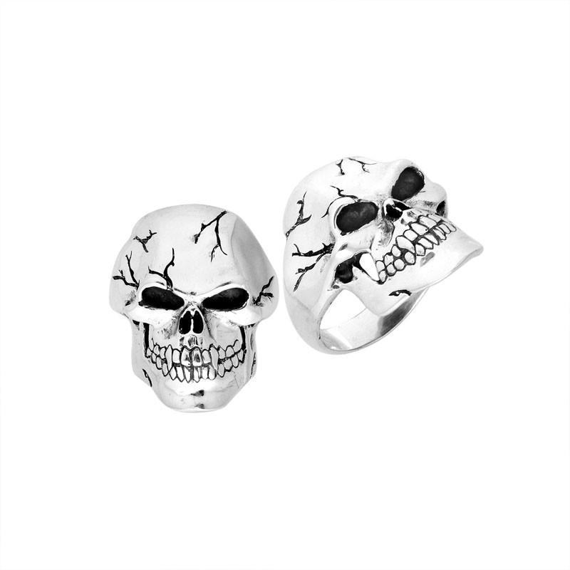 Sterling Silver Cracked Skull Ring With Oxidized Engraving And Polished Finish