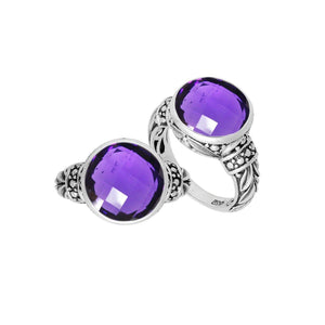 Sterling Silver Round Amethyst Quartz Ring With Filigree Detailing And Polished Finish