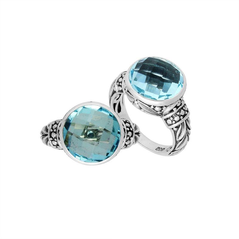Sterling Silver Round Blue Topaz Quartz Ring With Filigree Detailing And Polished Finish