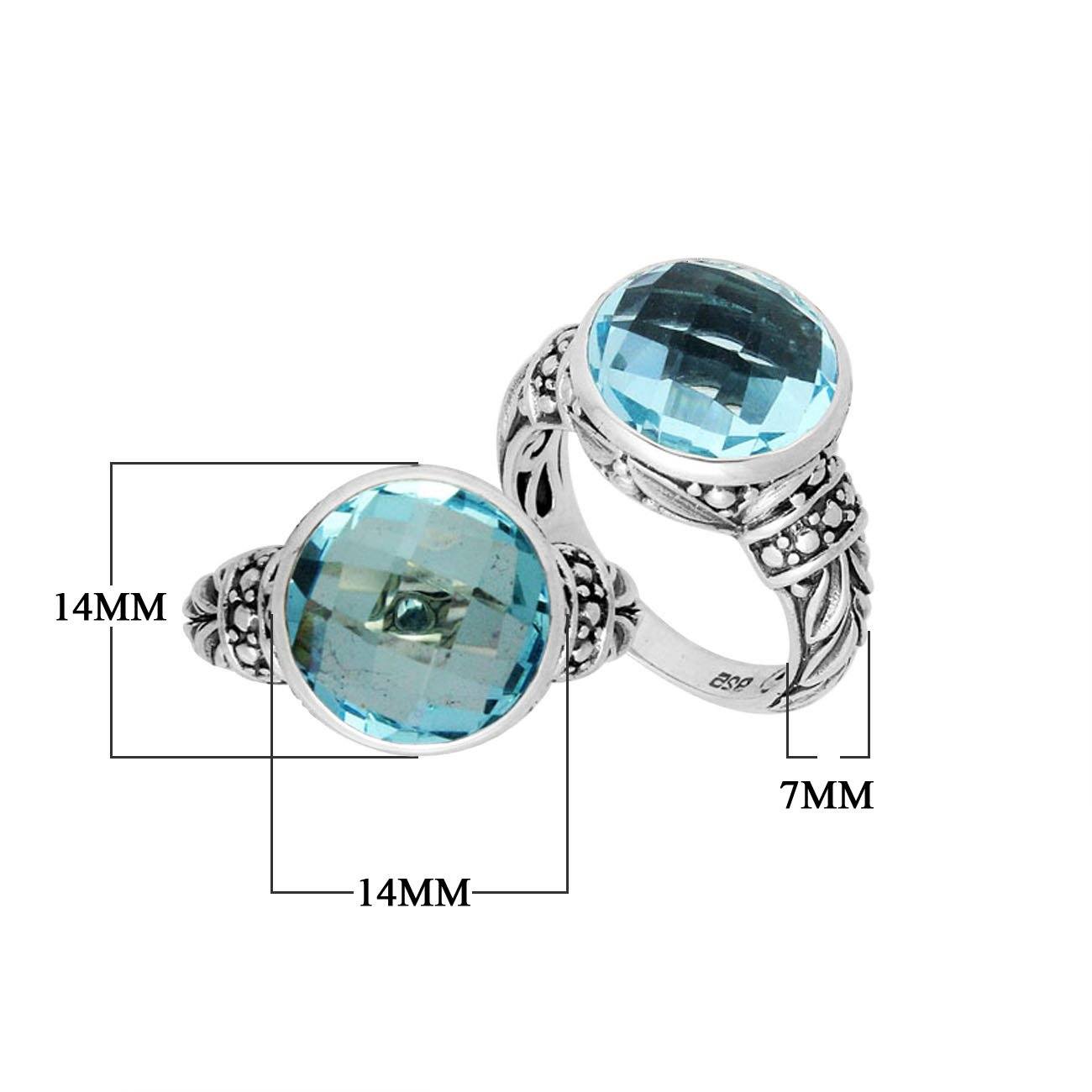 Sterling Silver Round Blue Topaz Quartz Ring With Filigree Detailing And Polished Finish