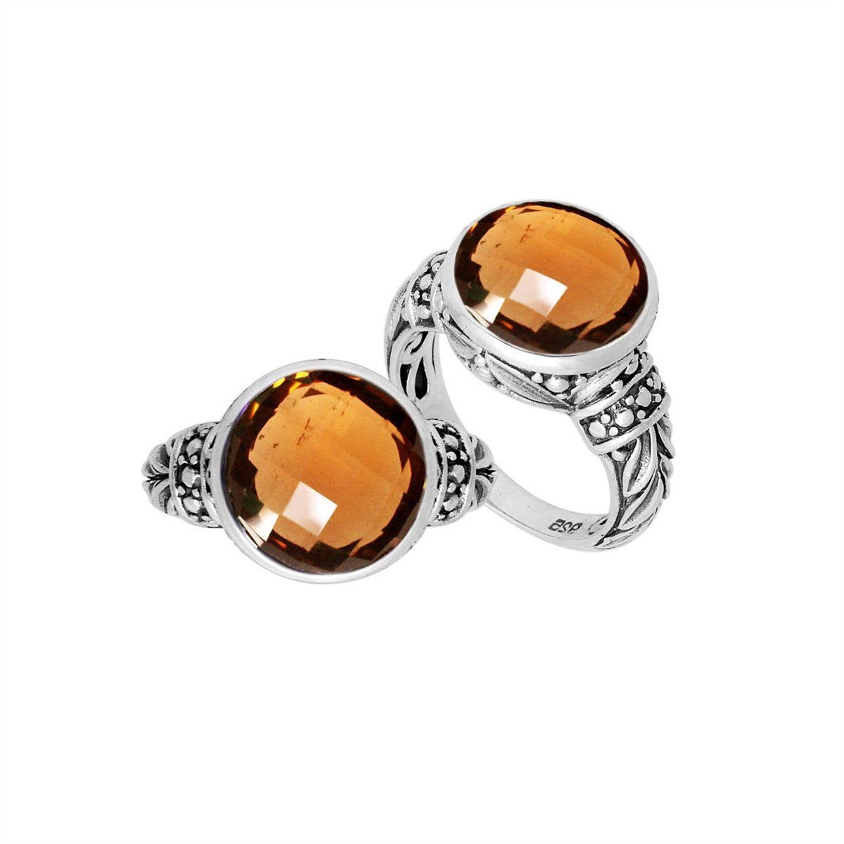 Sterling Silver Round Citrine Quartz Ring With Filigree Detailing And Polished Finish