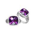 Sterling Silver Balinese Square-Cut Amethyst Quartz Ring With Engraved Band