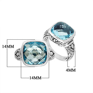 Sterling Silver Balinese Square-Cut Blue Topaz Quartz Ring With Engraved Band