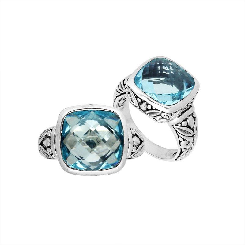 Sterling Silver Balinese Square-Cut Blue Topaz Quartz Ring With Engraved Band