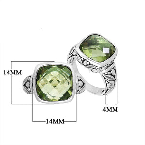 Sterling Silver Balinese Square-Cut Green Amethyst Quartz Ring With Engraved Band