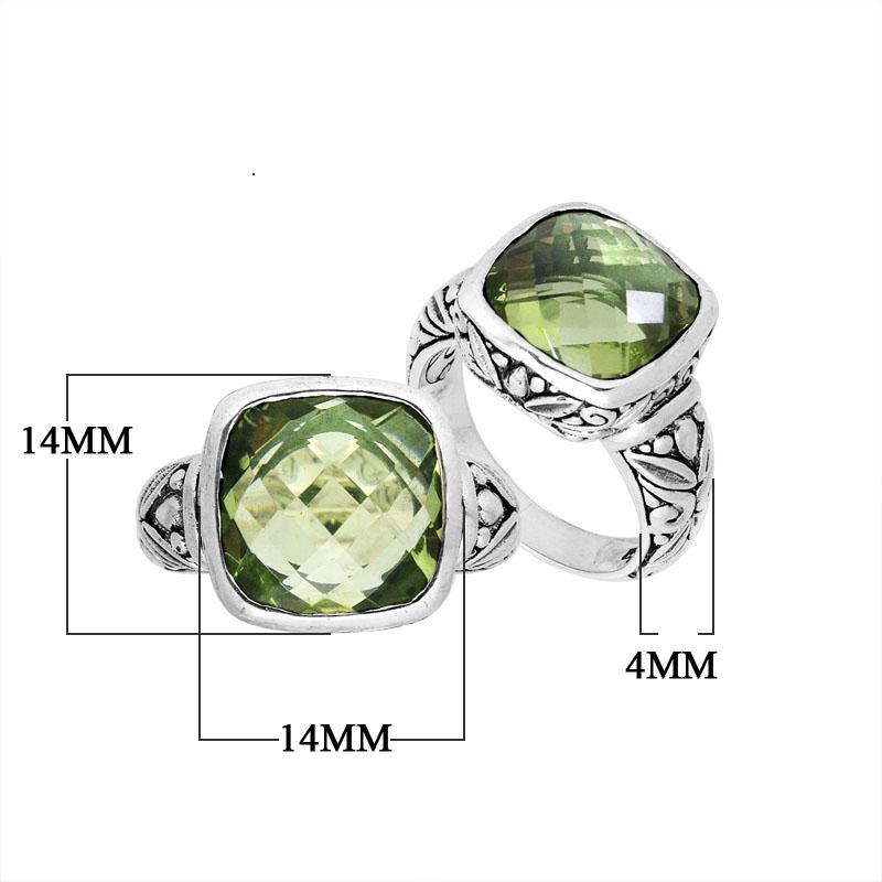 Sterling Silver Balinese Square-Cut Green Amethyst Quartz Ring With Engraved Band