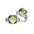 Sterling Silver Balinese Square-Cut Green Amethyst Quartz Ring With Engraved Band