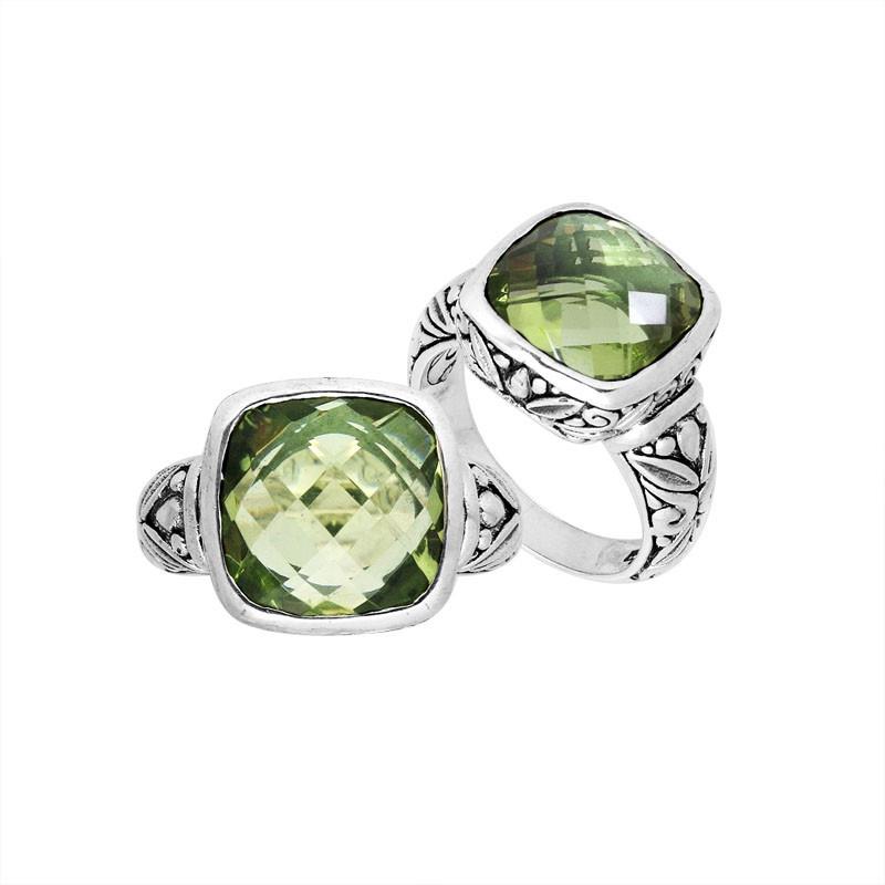 Sterling Silver Balinese Square-Cut Green Amethyst Quartz Ring With Engraved Band