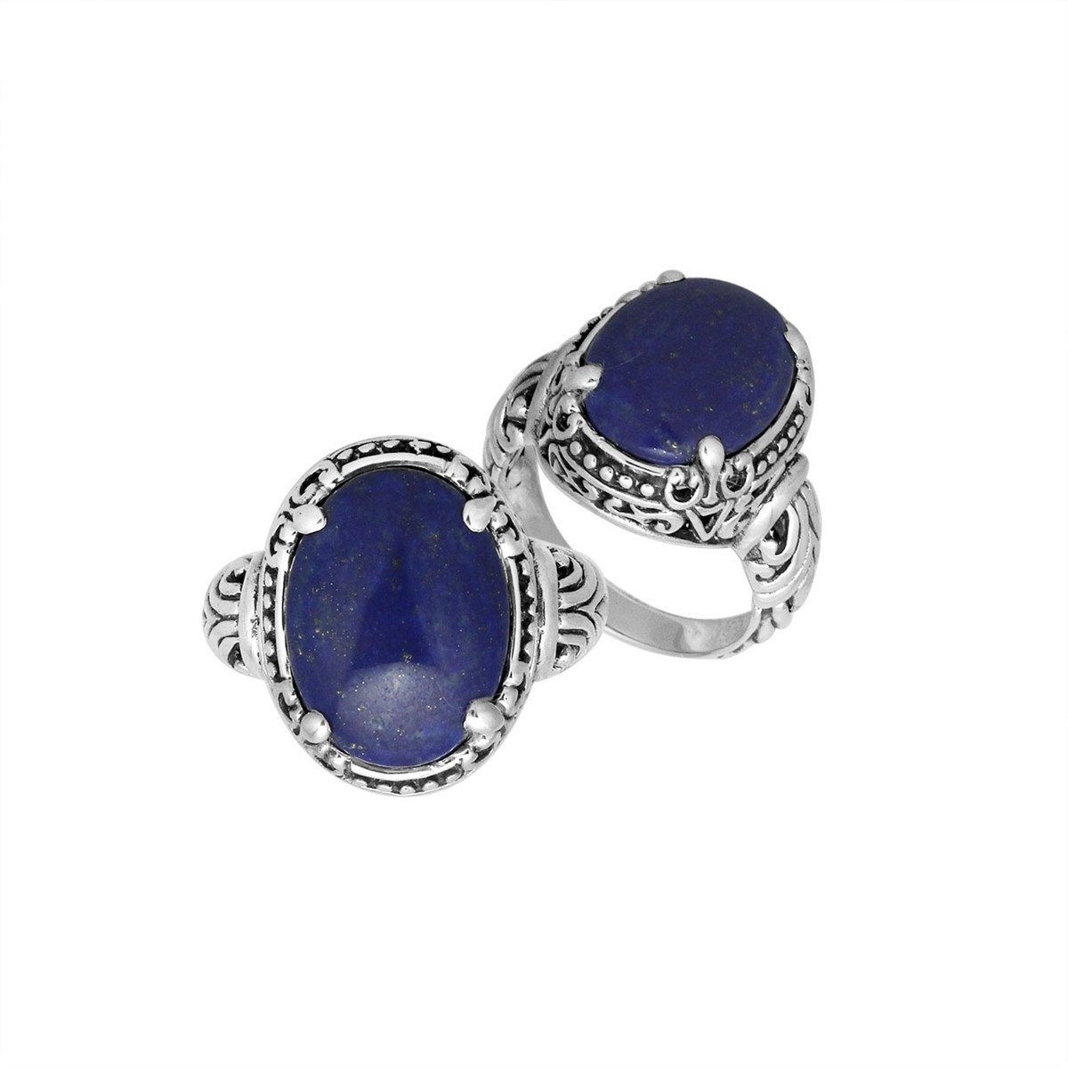 Sterling Silver Oval Shape Lapis Lazuli Ring With Balinese Engraved Band