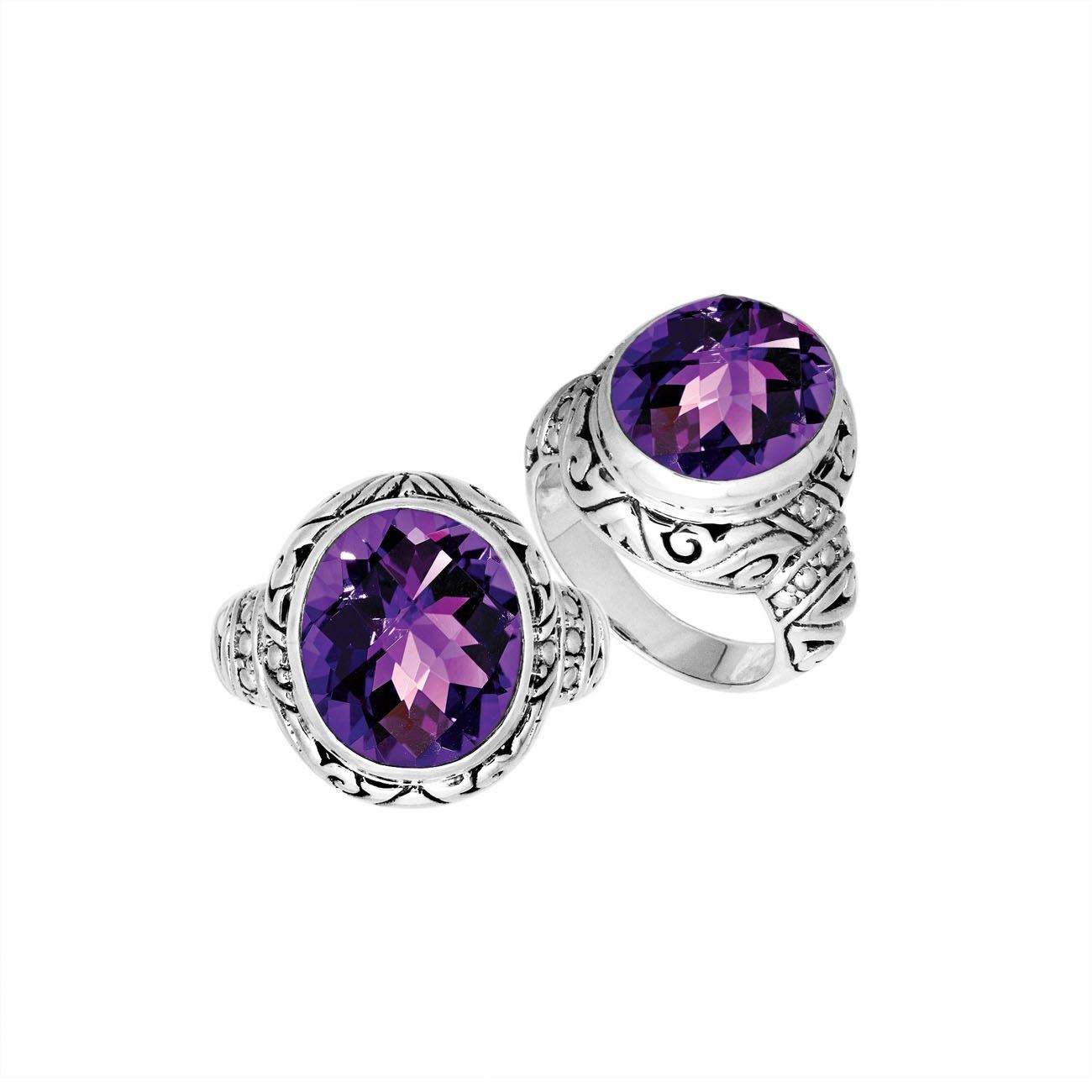 Sterling Silver Amethyst Quartz Ring With Balinese Engraved Band