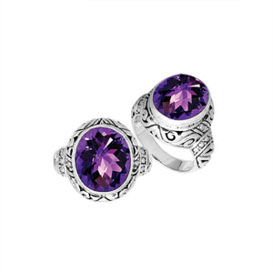 Sterling Silver Amethyst Quartz Ring With Balinese Engraved Band