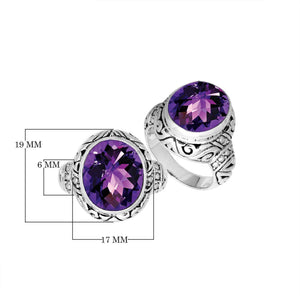 Sterling Silver Amethyst Quartz Ring With Balinese Engraved Band