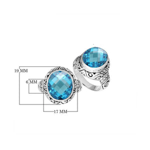 Sterling Silver Blue Topaz Quartz Ring With Balinese Engraved Band