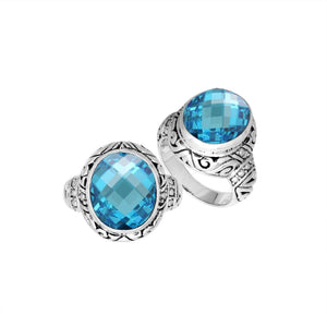 Sterling Silver Blue Topaz Quartz Ring With Balinese Engraved Band