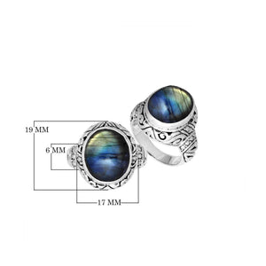 Sterling Silver Labradorite Ring With Balinese Engraved Band