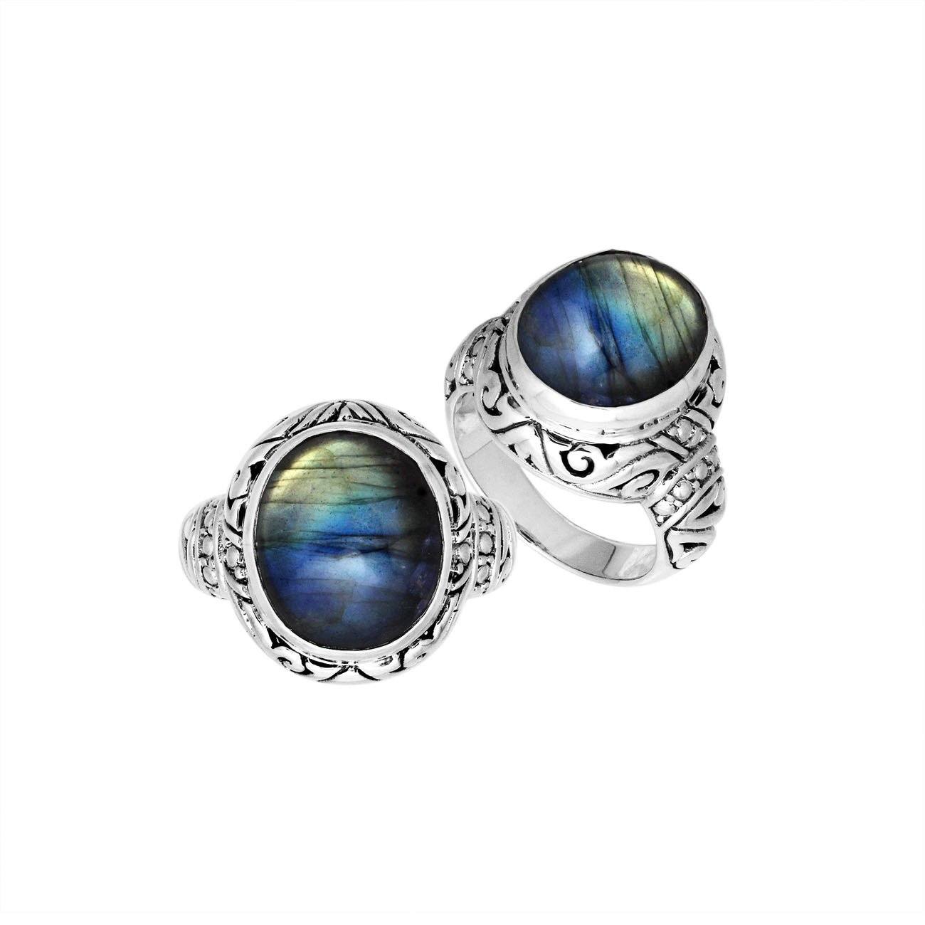 Sterling Silver Labradorite Ring With Balinese Engraved Band