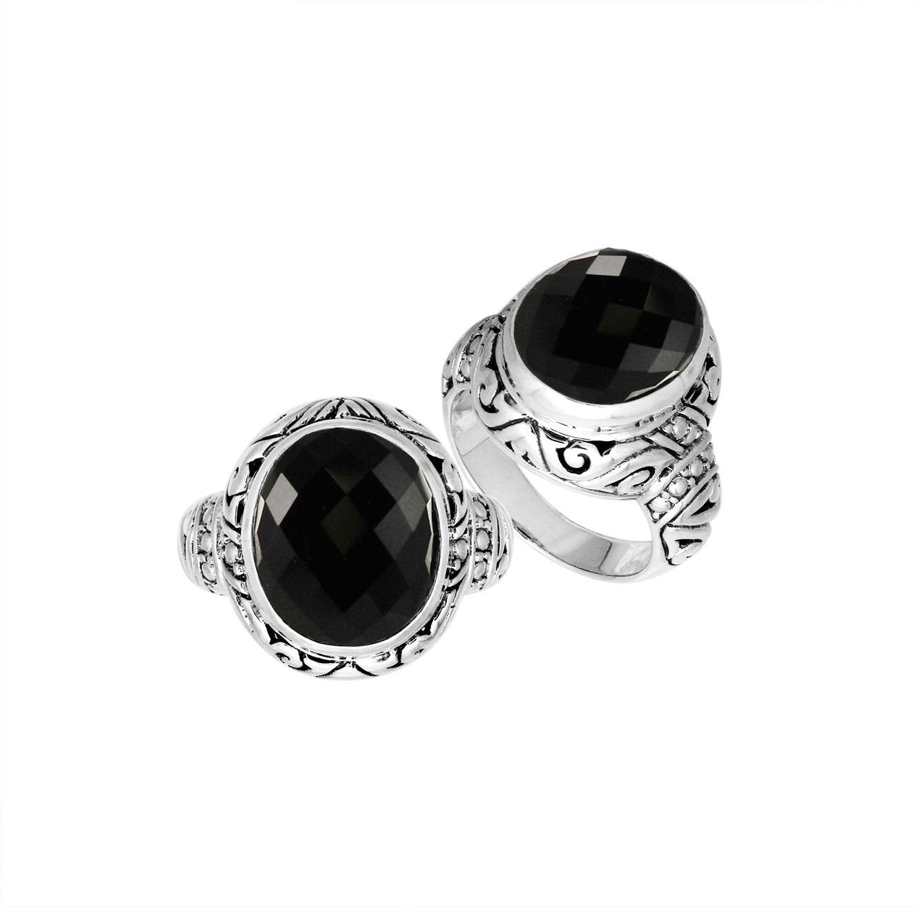 Sterling Silver Black Onyx Quartz Ring With Balinese Engraved Band