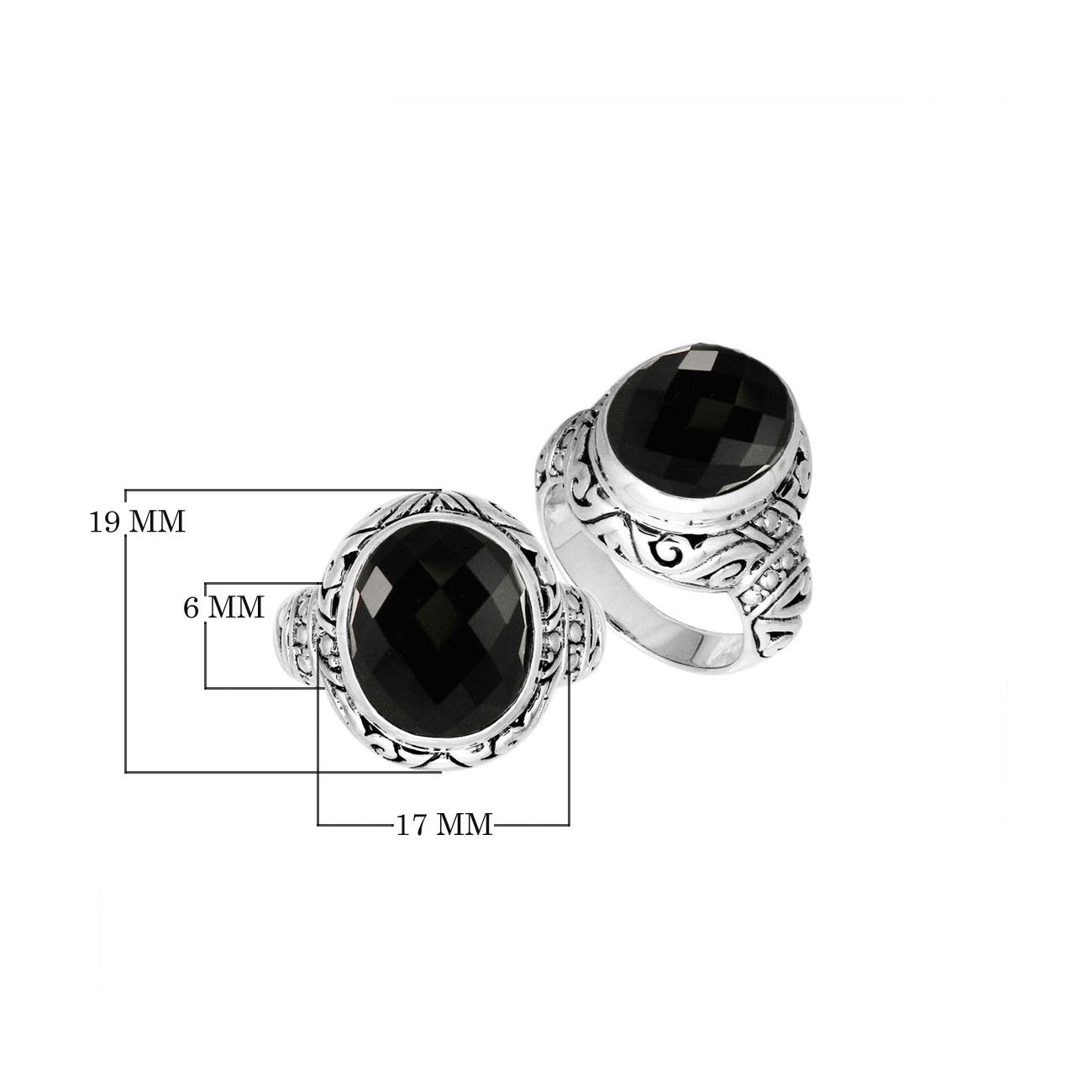 Sterling Silver Black Onyx Quartz Ring With Balinese Engraved Band