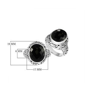 Sterling Silver Black Onyx Quartz Ring With Balinese Engraved Band