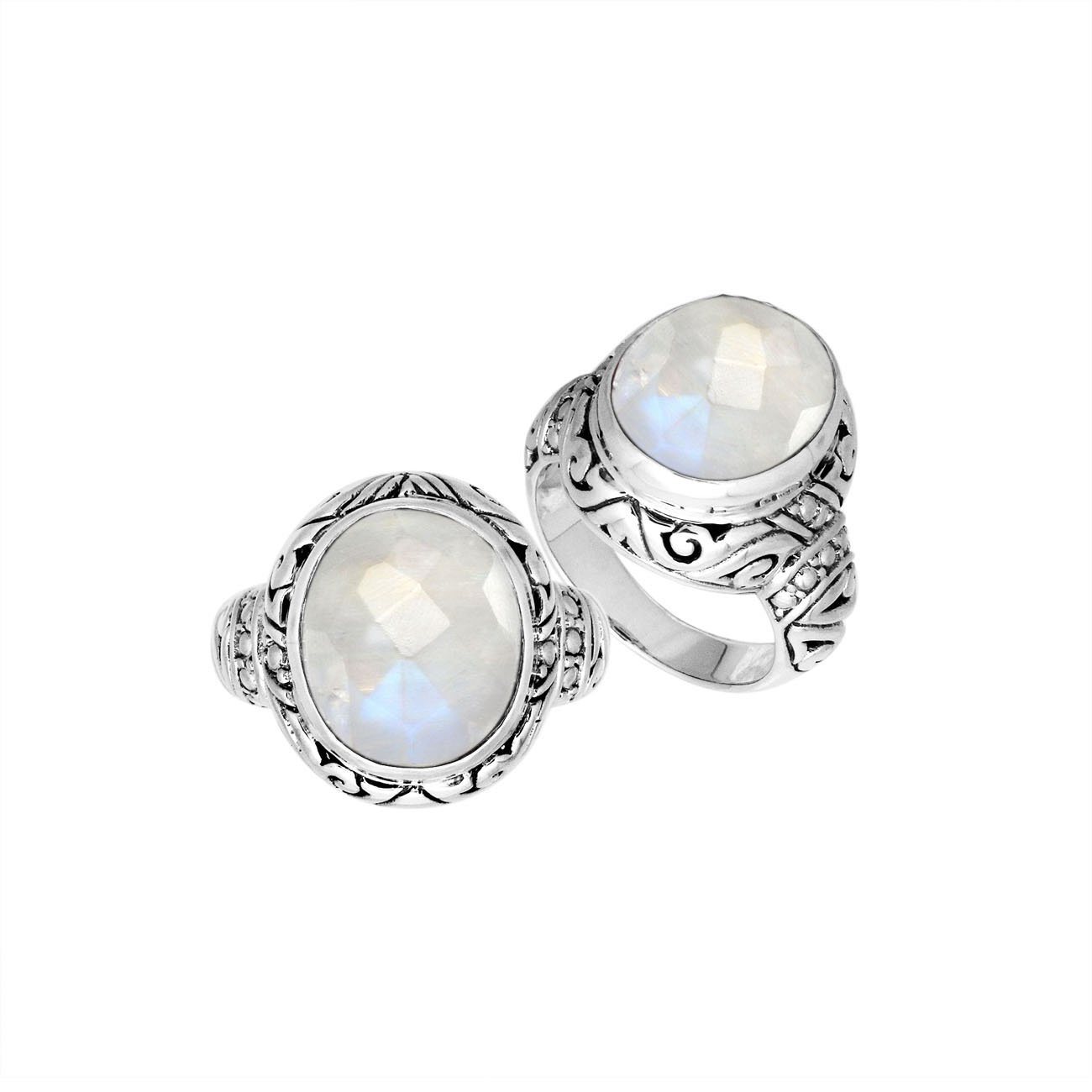Sterling Silver Rainbow Moonstone Ring With Balinese Engraved Band
