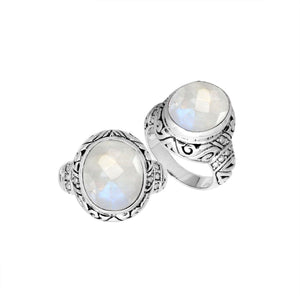 Sterling Silver Rainbow Moonstone Ring With Balinese Engraved Band