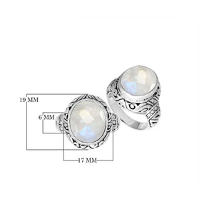 Sterling Silver Rainbow Moonstone Ring With Balinese Engraved Band