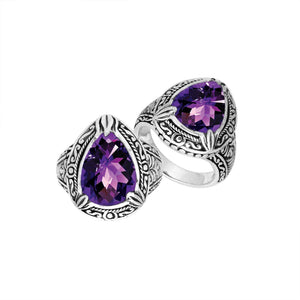 Sterling Silver Amethyst Quartz Ring With Balinese Leaf Engraved Band