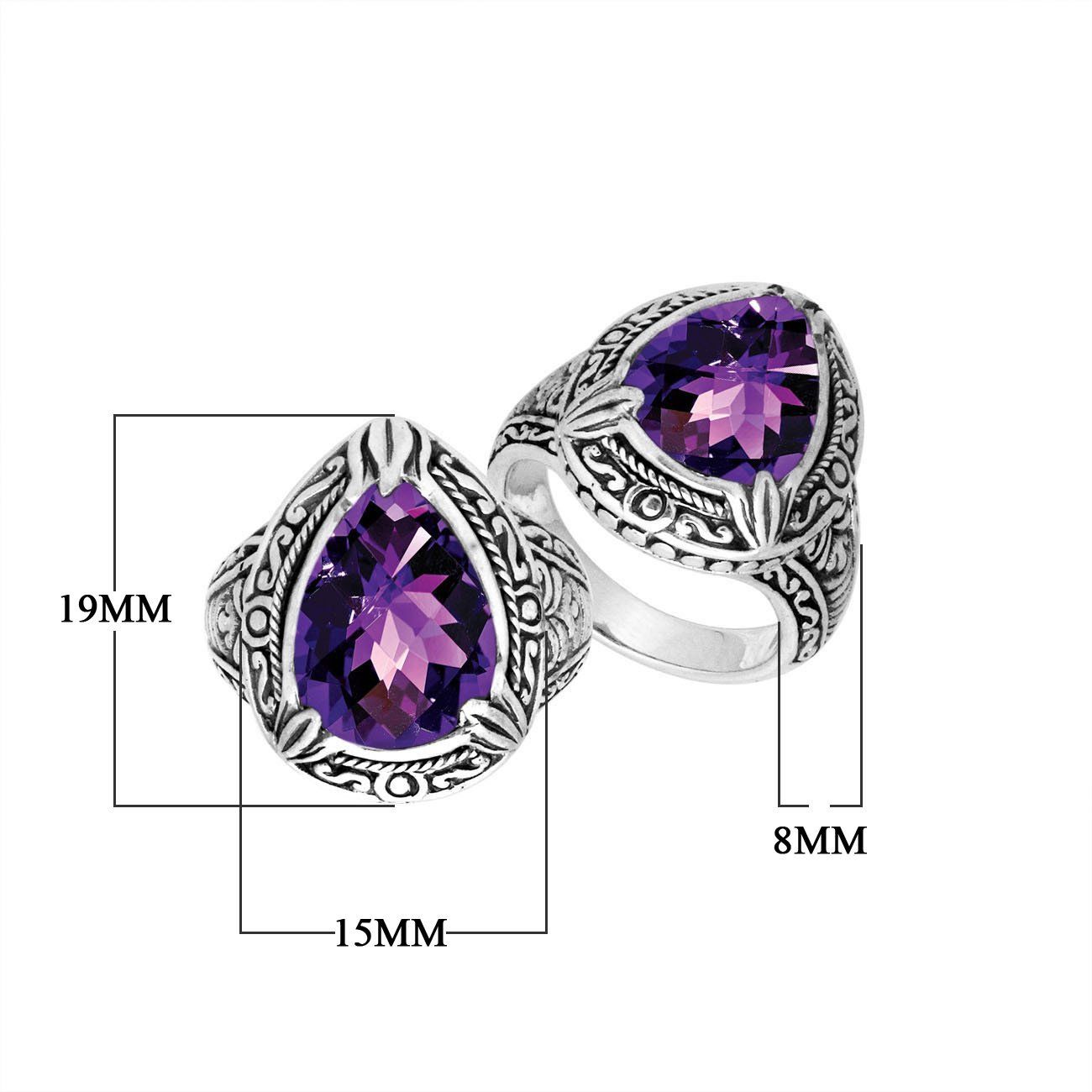 Sterling Silver Amethyst Quartz Ring With Balinese Leaf Engraved Band