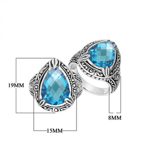 Sterling Silver Blue Topaz Quartz Ring With Balinese Engraved Band