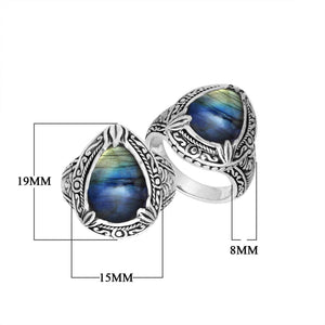 Sterling Silver Labradorite Ring With Balinese Engraved Band