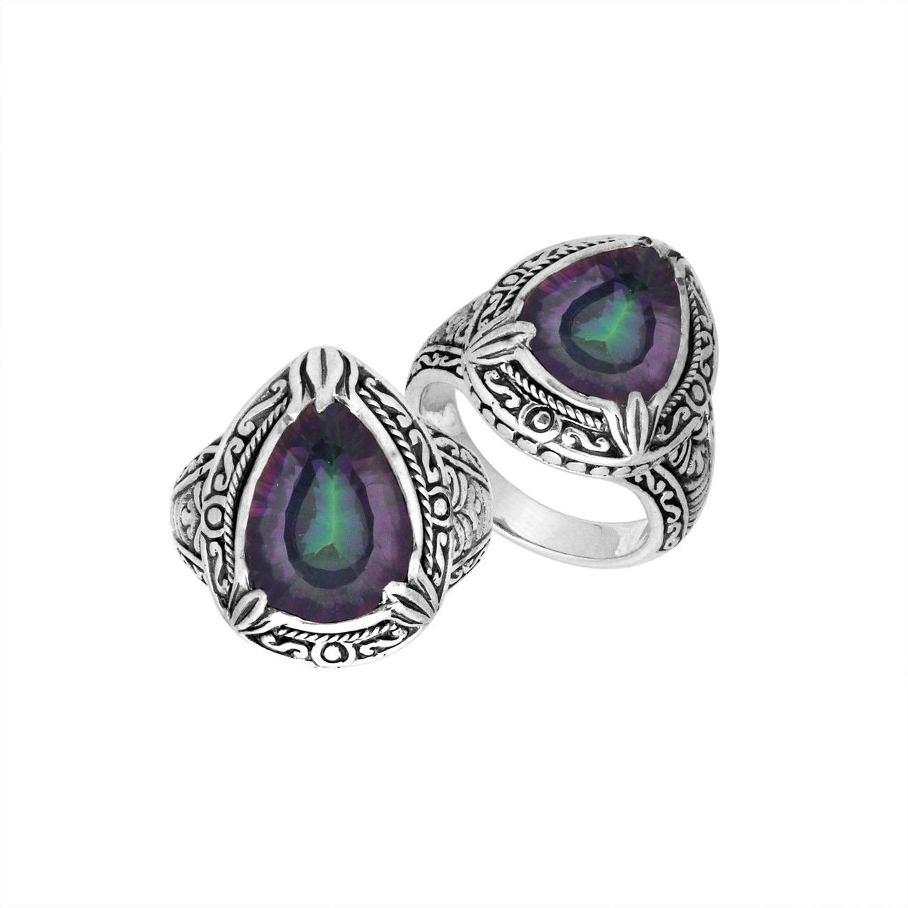 Sterling Silver Mystic Quartz Ring With Balinese Engraved Band