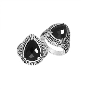 Sterling Silver Black Onyx Quartz Ring With Balinese Engraved Band