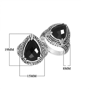 Sterling Silver Black Onyx Quartz Ring With Balinese Engraved Band
