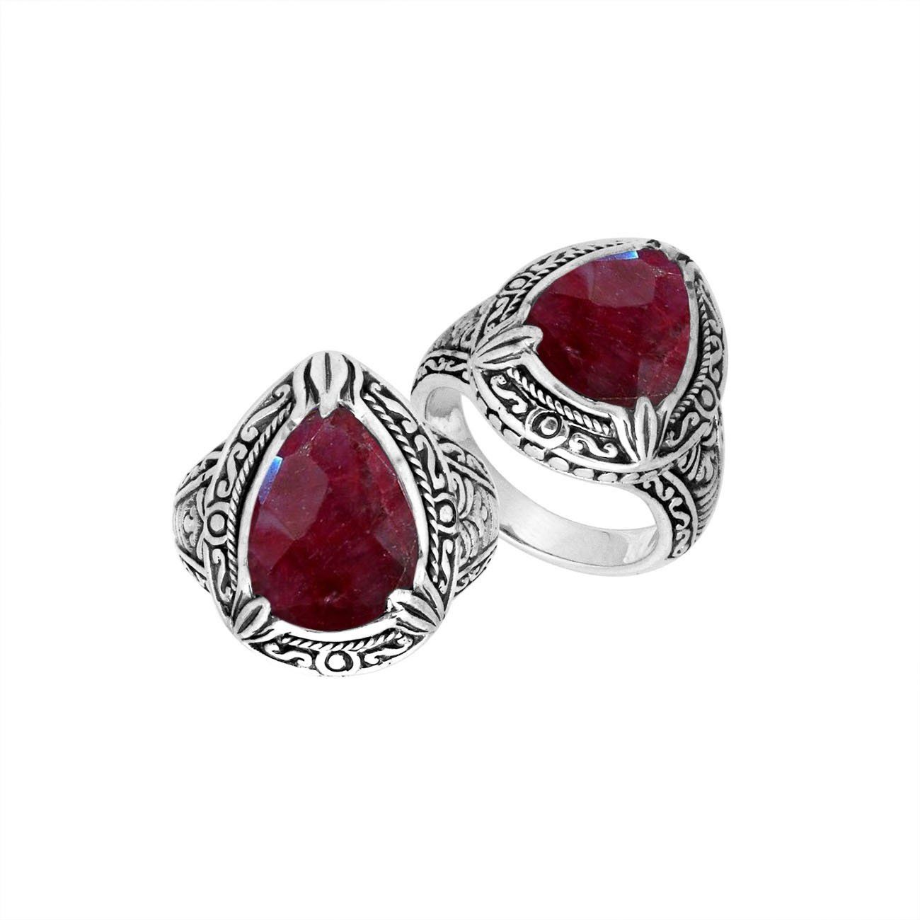Sterling Silver Ruby Quartz Ring With Balinese Engraved Band