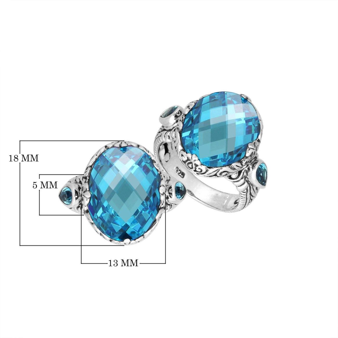 Sterling Silver Blue Topaz Quartz Oval Shape Ring With Balinese Engraved Band