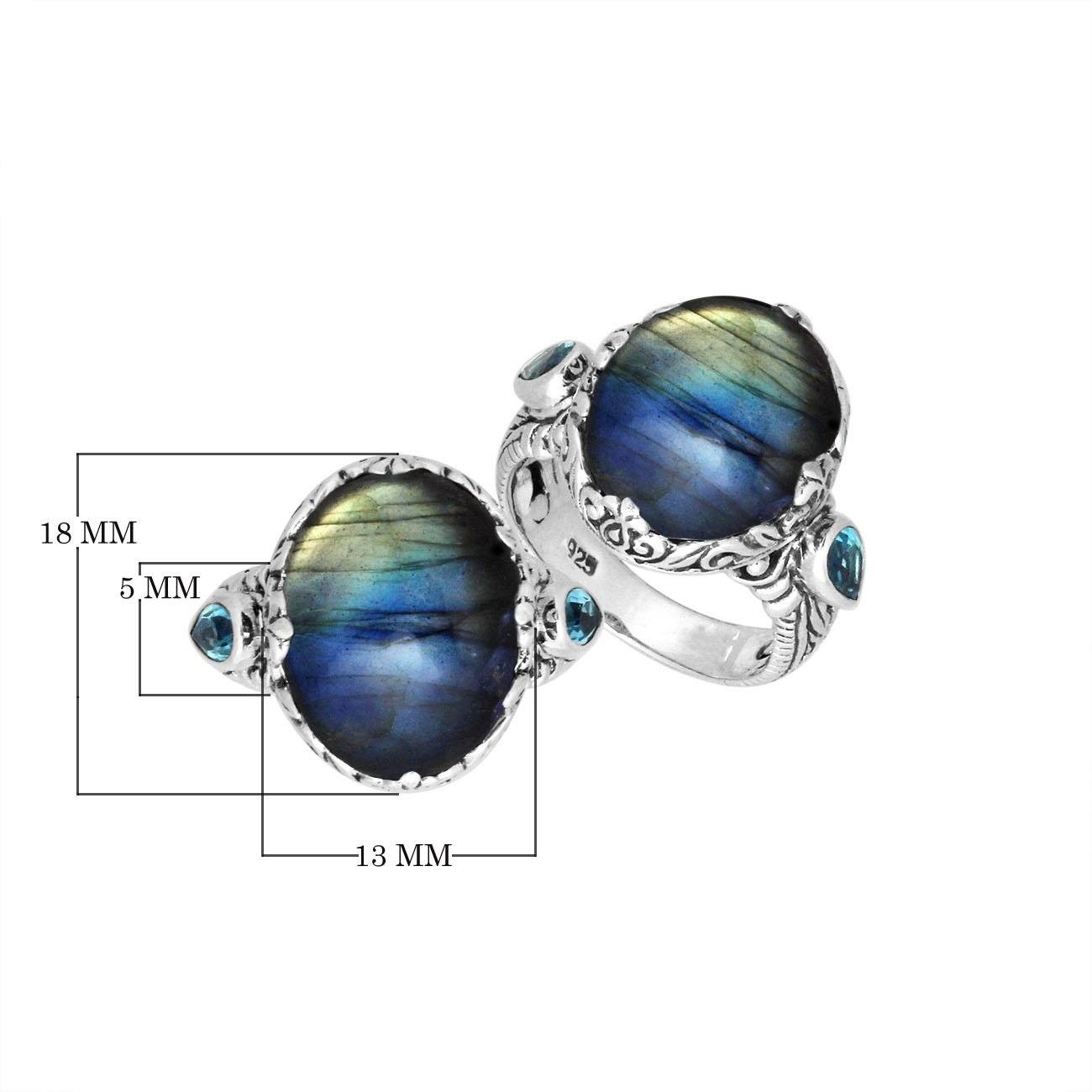 Sterling Silver Labradorite Oval Shape Ring With Balinese Engraved Band