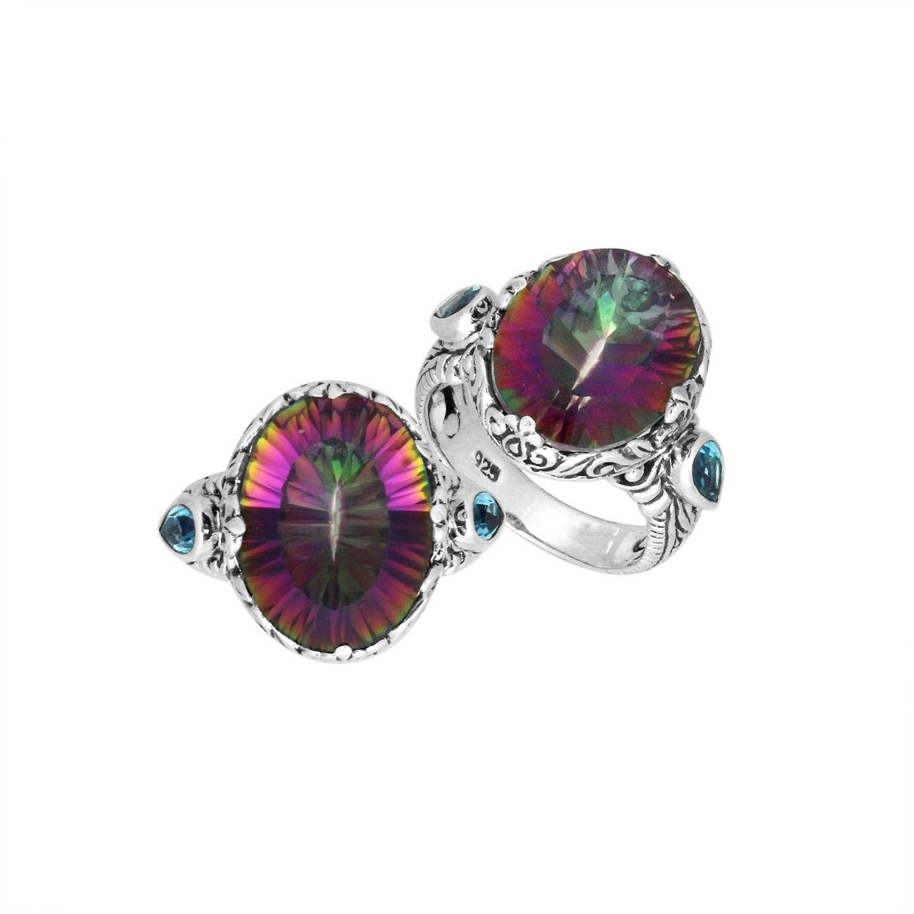 Sterling Silver Mystic Quartz Oval Shape Ring With Balinese Engraved Band