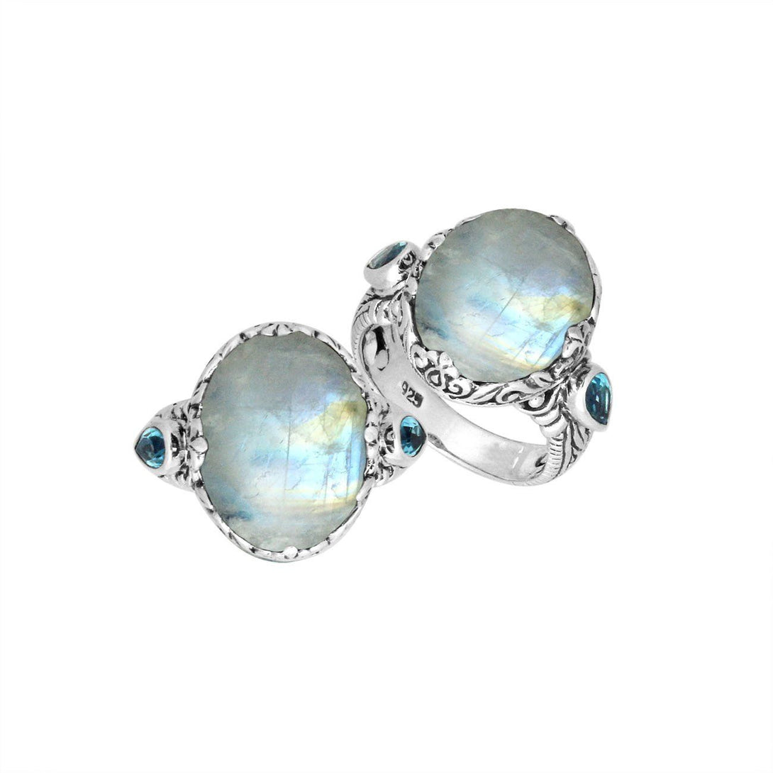 AR-8027-RM-7" Sterling Silver Oval Shape Ring With Rainbow Moonstone Jewelry Bali Designs Inc 
